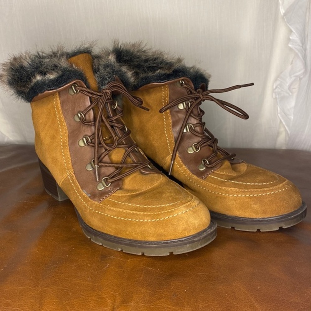 Sporto Lace-Up Faux Fur Line Brown Leather Boots Size 8
